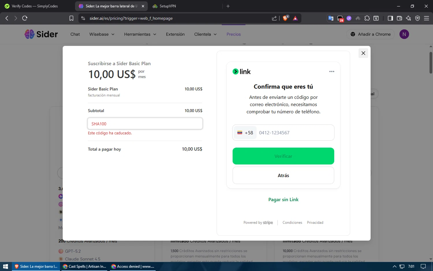 Sider AI promo code screenshot showing code Sha100 applied at Sider AI checkout page. Uploaded by SimplyCodes community member usuario500 on Dec 24, 2025
