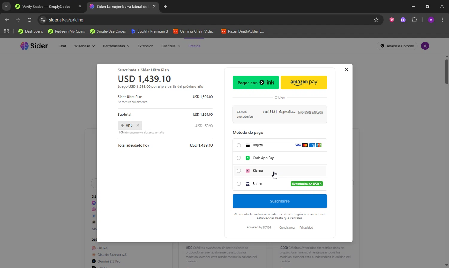 Sider AI checkout page showing Sider AI promo code box | Screenshot taken by SimplyCodes community member on Oct 5, 2025