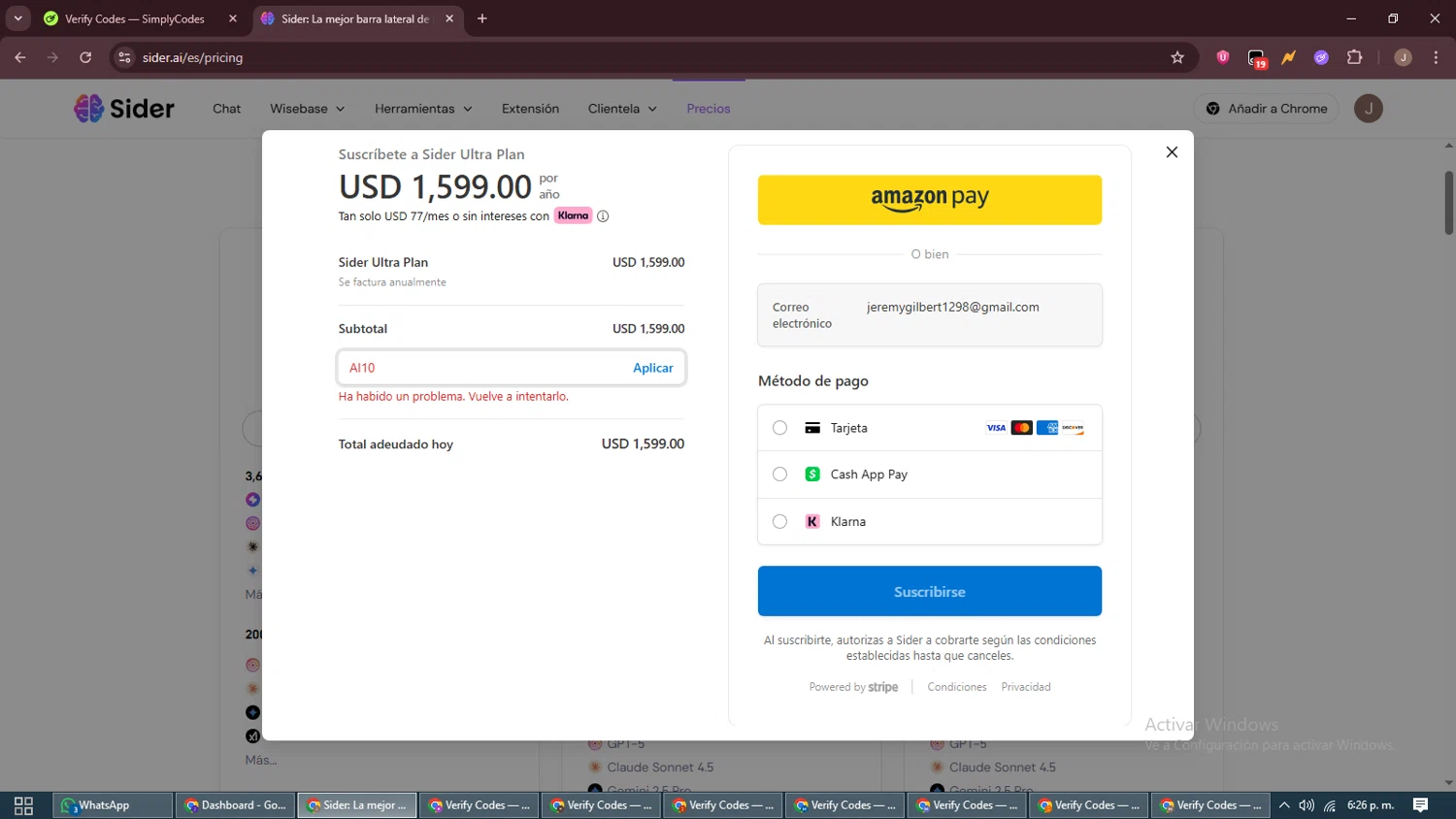 Sider AI promo code screenshot showing code AI10 applied at Sider AI checkout page. Uploaded by SimplyCodes community member ShrewdAdmiral5920 on Oct 23, 2025