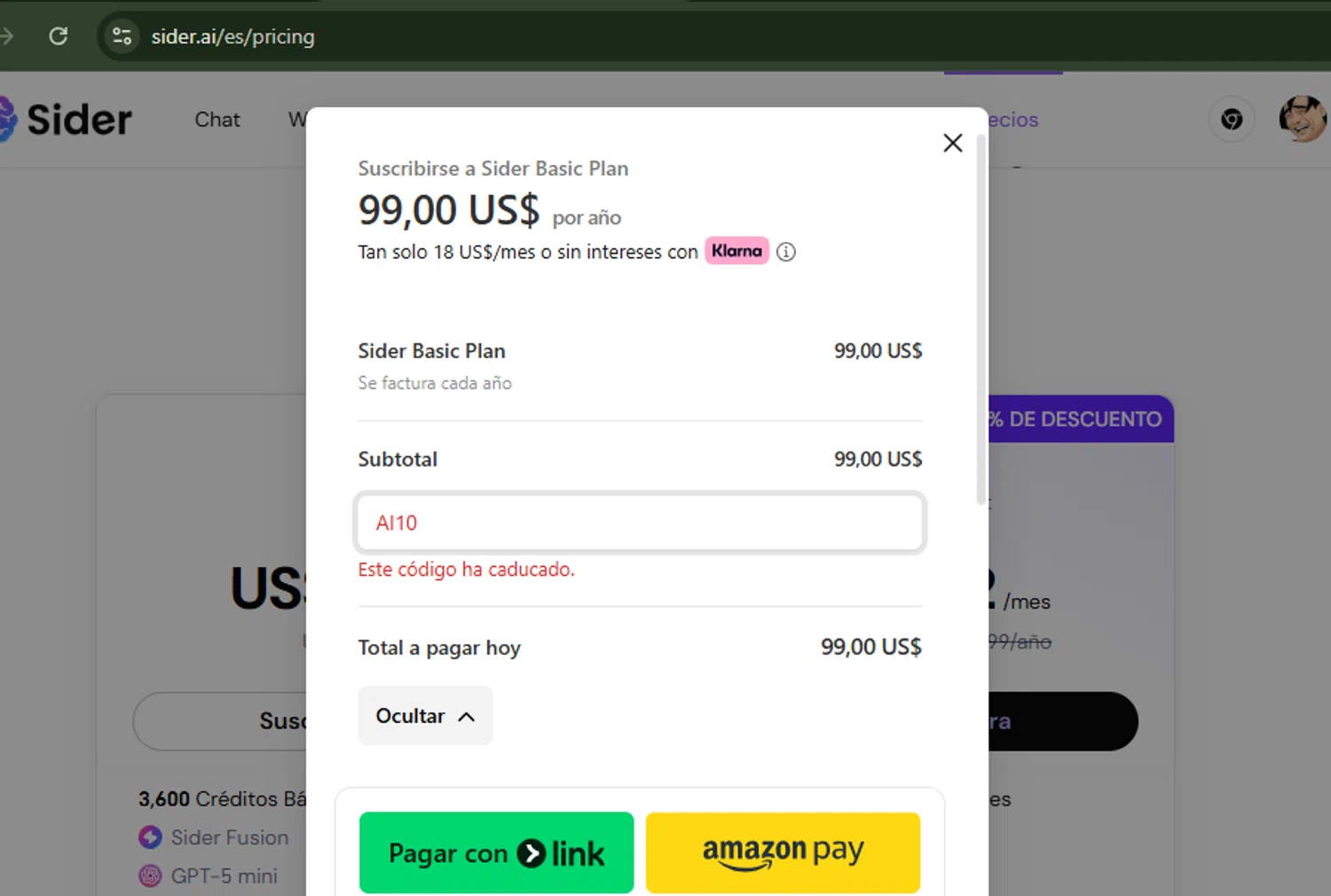 Sider AI promo code screenshot showing code AI10 applied at Sider AI checkout page. Uploaded by SimplyCodes community member ShrewdBoss4152 on Oct 23, 2025