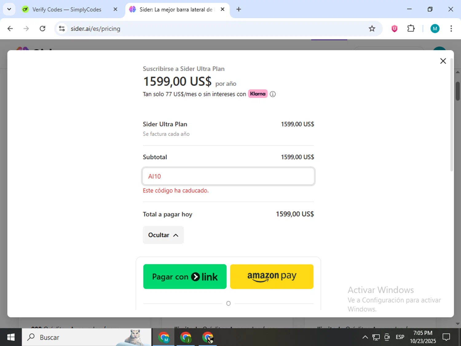 Sider AI promo code screenshot showing code AI10 applied at Sider AI checkout page. Uploaded by SimplyCodes community member estrellaveloz on Oct 23, 2025