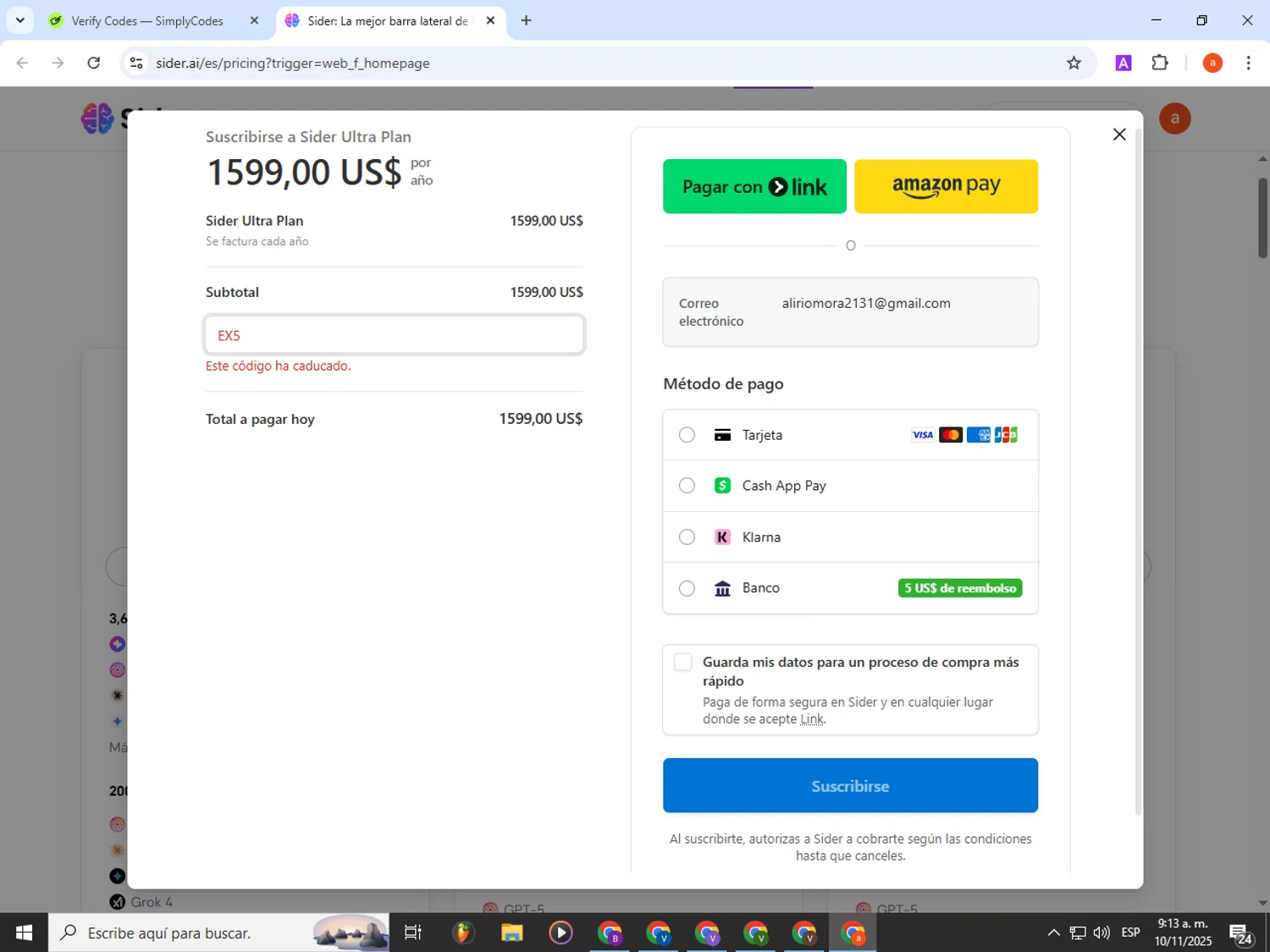 Sider AI promo code screenshot showing code EX5 applied at Sider AI checkout page. Uploaded by SimplyCodes community member partenalgas on Nov 10, 2025