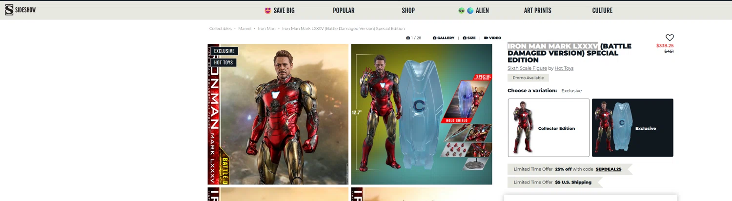 Sideshow promo code screenshot showing code SEPDEAL15 applied at Sideshow checkout page. Uploaded by SimplyCodes community member OMPU0408 on Aug 29, 2025