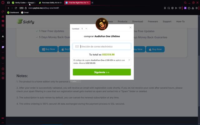 Sidify checkout page showing Sidify promo code box | Screenshot taken by SimplyCodes community member on May 26, 2025
