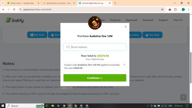 Sidify checkout page showing Sidify promo code box | Screenshot taken by SimplyCodes community member on May 26, 2025