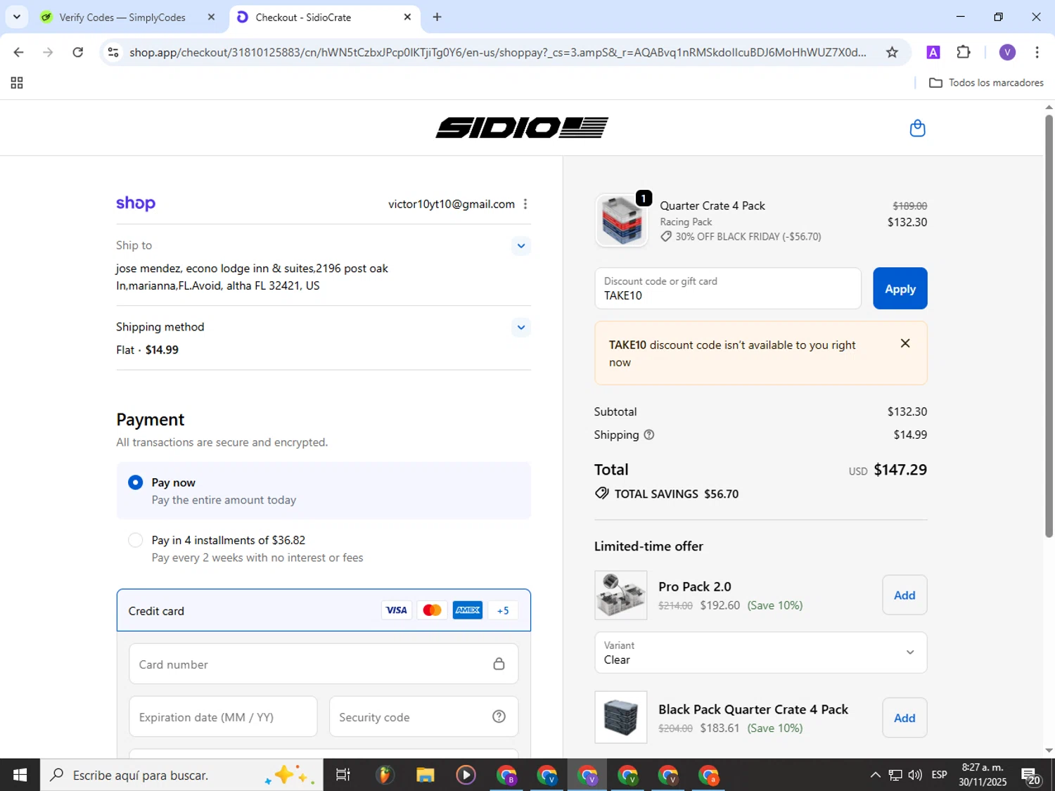 SidioCrate discount code screenshot showing code TAKE10 applied at SidioCrate checkout page. Uploaded by SimplyCodes community member Gianpiero on Nov 30, 2025