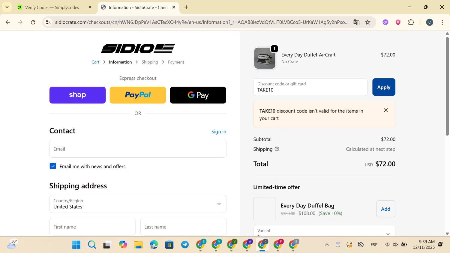 SidioCrate discount code screenshot showing code TAKE10 applied at SidioCrate checkout page. Uploaded by SimplyCodes community member SaleVirtuoso3791 on Dec 11, 2025