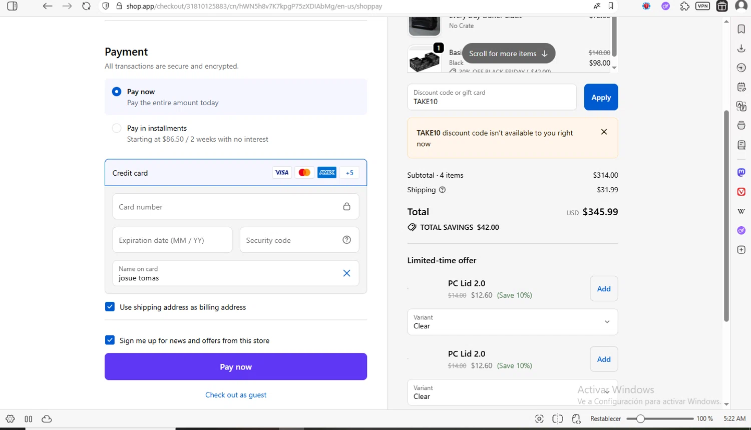 SidioCrate discount code screenshot showing code TAKE10 applied at SidioCrate checkout page. Uploaded by SimplyCodes community member luissilva2 on Nov 25, 2025