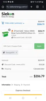 Energy45% coupon verification screenshot