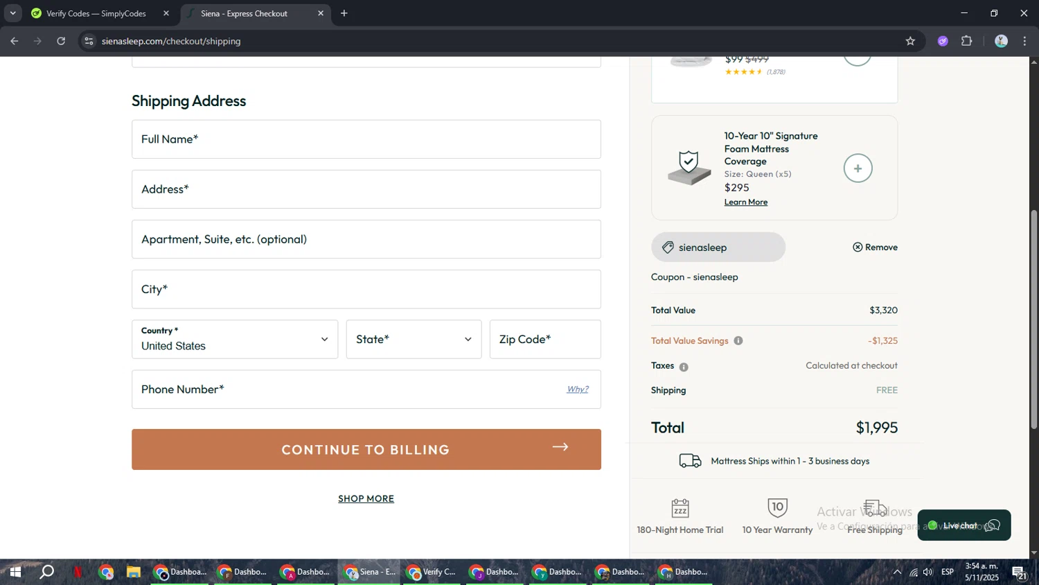 Siena coupon code screenshot showing code sienasleep applied at Siena checkout page. Uploaded by SimplyCodes community member ShrewdSeeker6165 on Nov 5, 2025