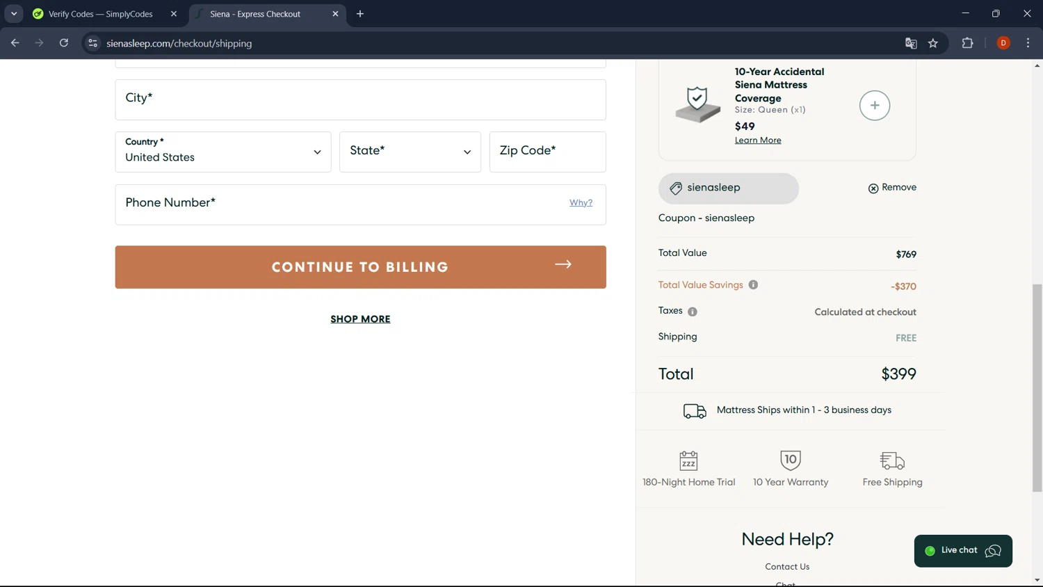 Siena coupon code screenshot showing code sienasleep applied at Siena checkout page. Uploaded by SimplyCodes community member RoyalSaver3150 on Jan 28, 2025