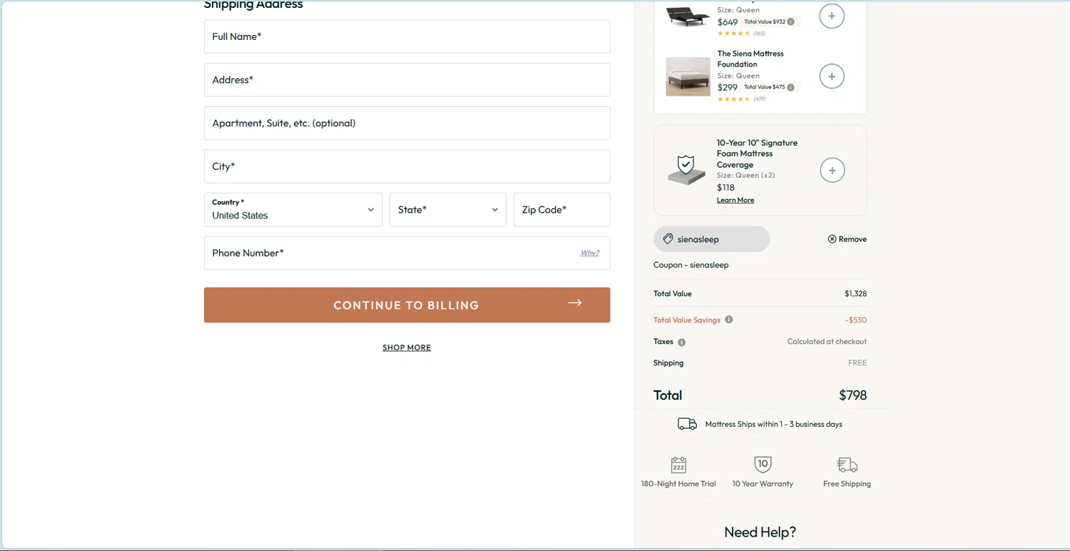 Siena coupon code screenshot showing code sienasleep applied at Siena checkout page. Uploaded by SimplyCodes community member STEVE20 on Nov 5, 2025