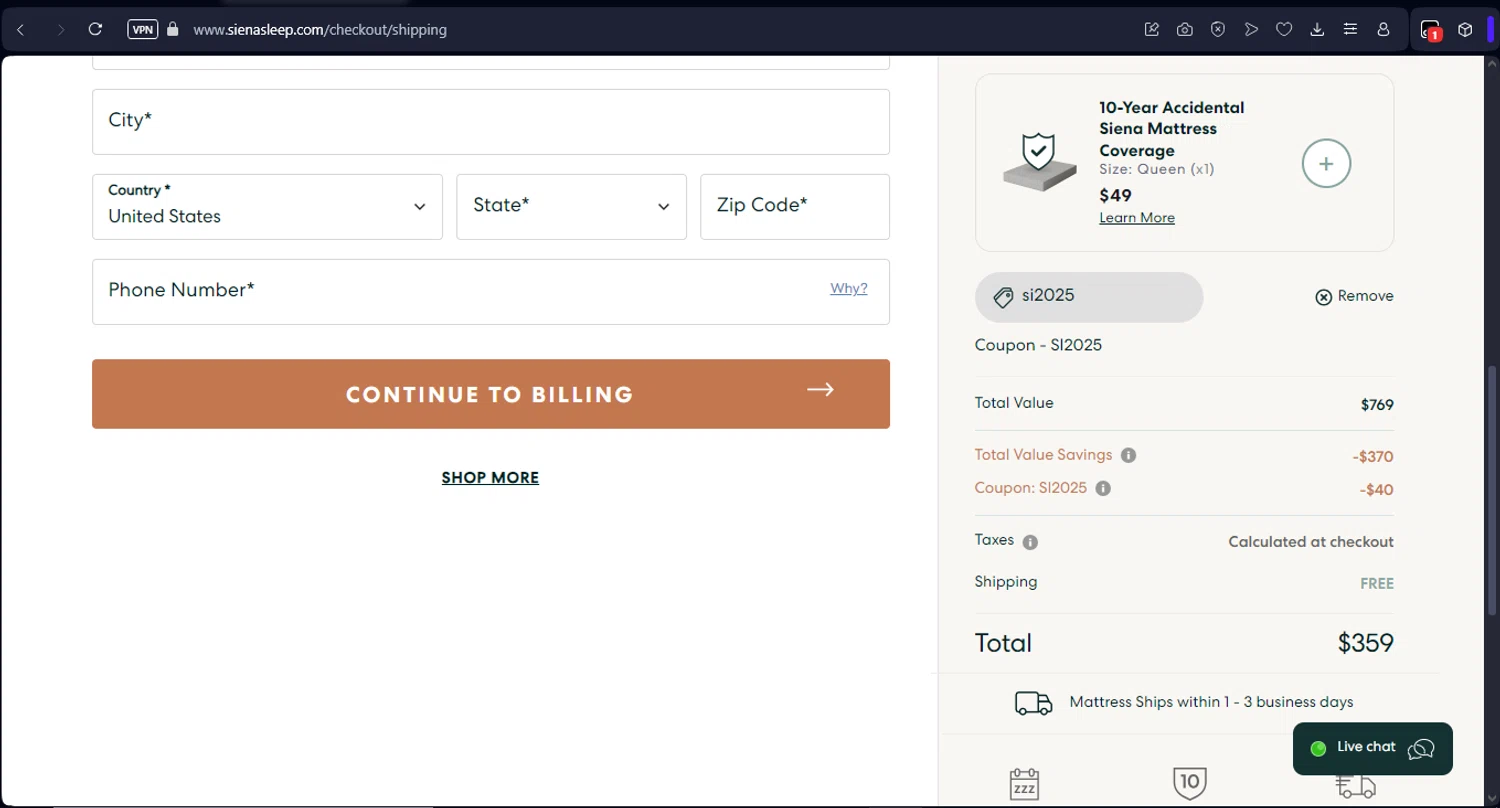 Siena coupon code screenshot showing code TOMSCOUPON applied at Siena checkout page. Uploaded by SimplyCodes community member Mr_fran on Jan 28, 2025