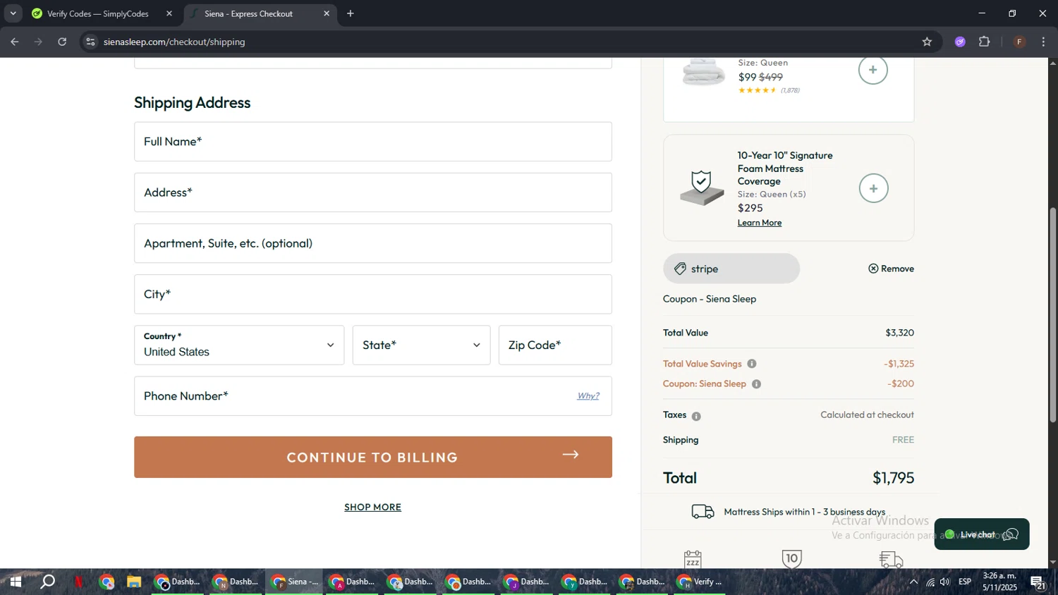 Siena coupon code screenshot showing code stripe applied at Siena checkout page. Uploaded by SimplyCodes community member ExtraordinaryHunter3076 on Nov 5, 2025