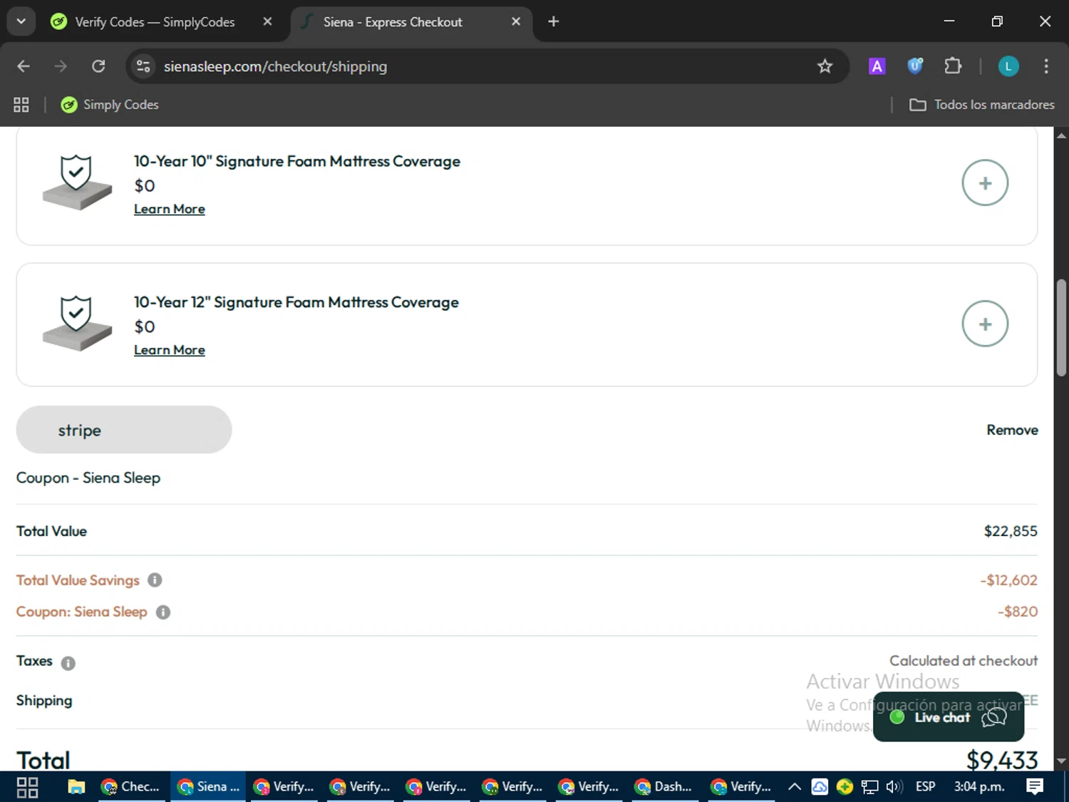 Siena coupon code screenshot showing code stripe applied at Siena checkout page. Uploaded by SimplyCodes community member LuckyLegend792 on Oct 8, 2025