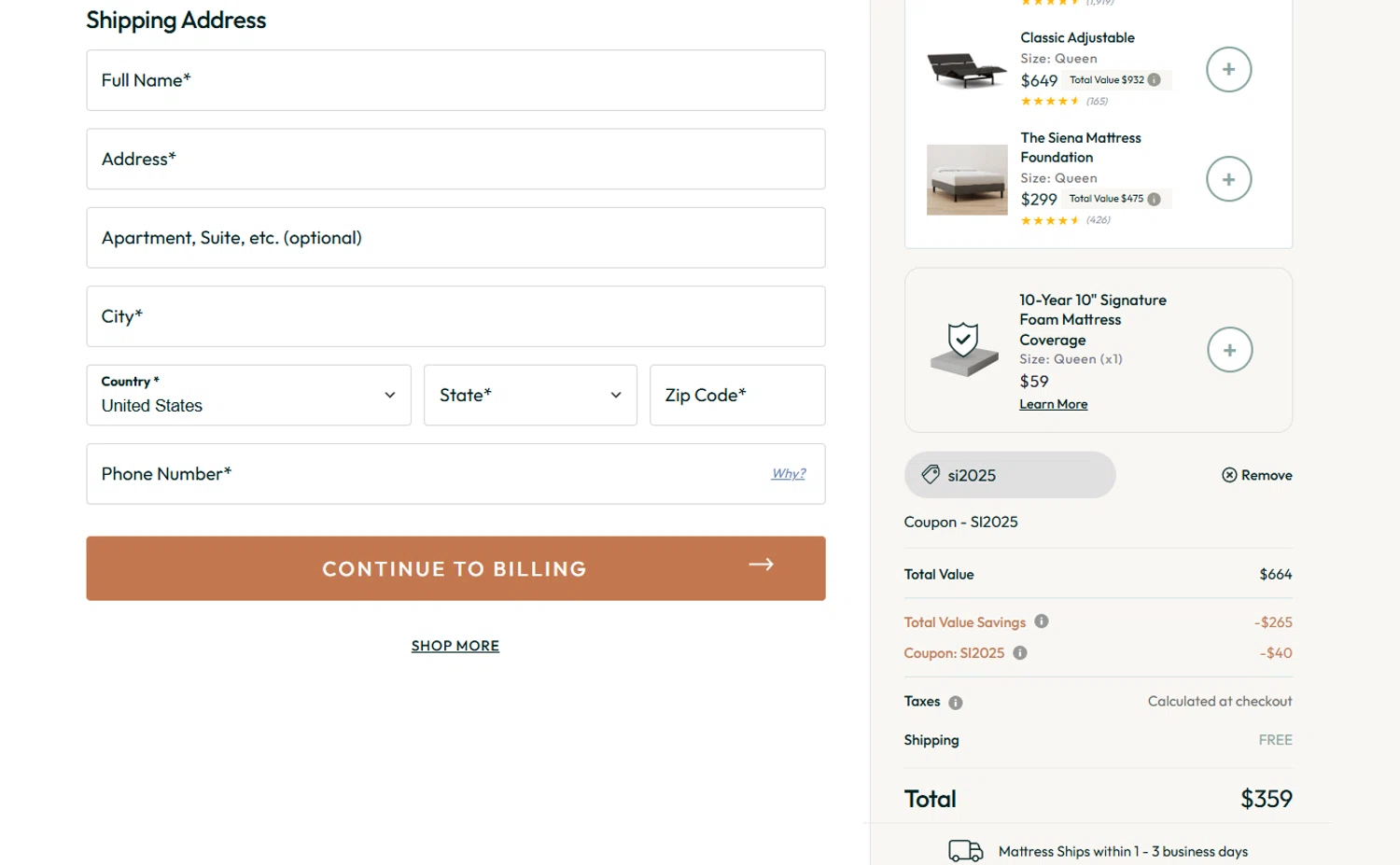 Siena checkout page showing Siena coupon code box | Screenshot taken by SimplyCodes community member on Jan 2, 2026