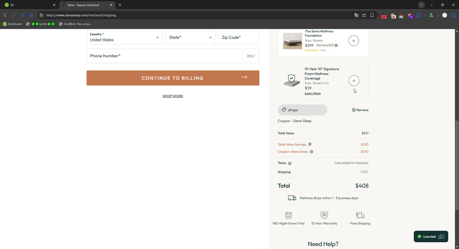 Siena coupon code screenshot showing code stripe applied at Siena checkout page. Uploaded by SimplyCodes community member connyshan2154 on Oct 8, 2025