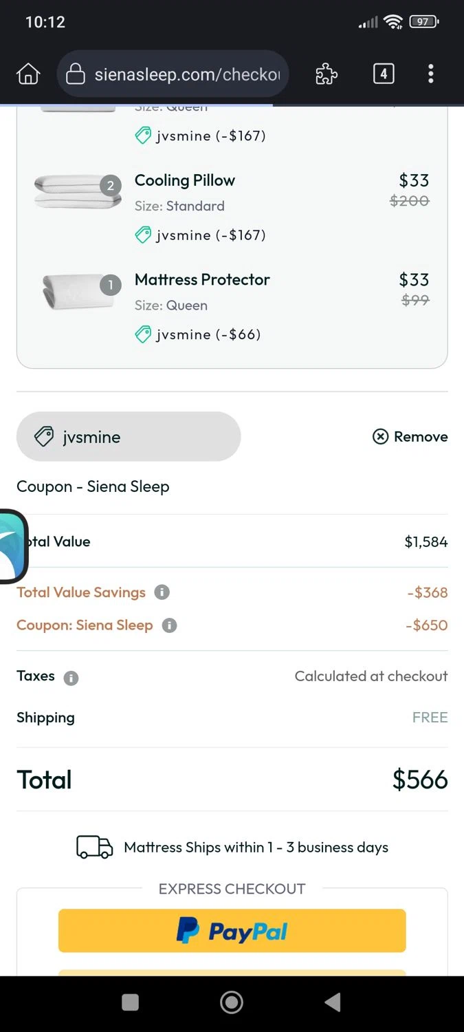 Siena coupon code screenshot showing code jvsmine applied at Siena checkout page. Uploaded by SimplyCodes community member JhoennysM on Jul 23, 2025