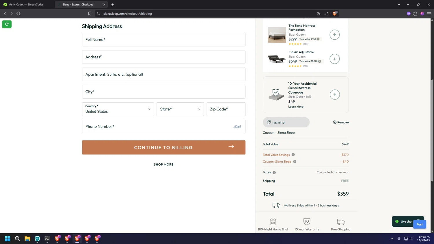Siena coupon code screenshot showing code jvsmine applied at Siena checkout page. Uploaded by SimplyCodes community member usercode1234 on May 25, 2025