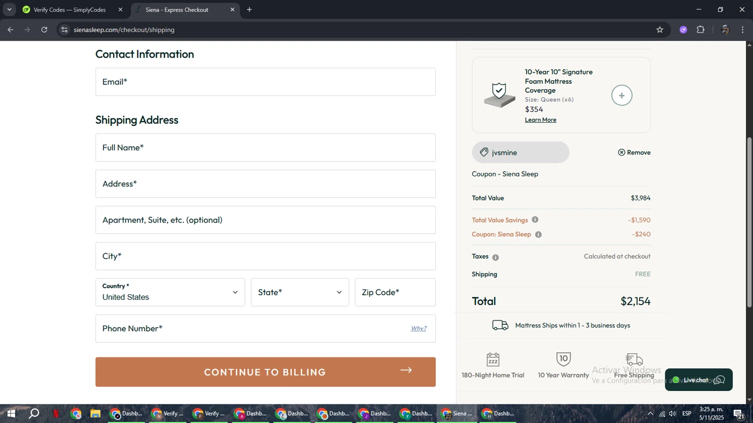 Siena coupon code screenshot showing code jvsmine applied at Siena checkout page. Uploaded by SimplyCodes community member xxdddd on Nov 5, 2025