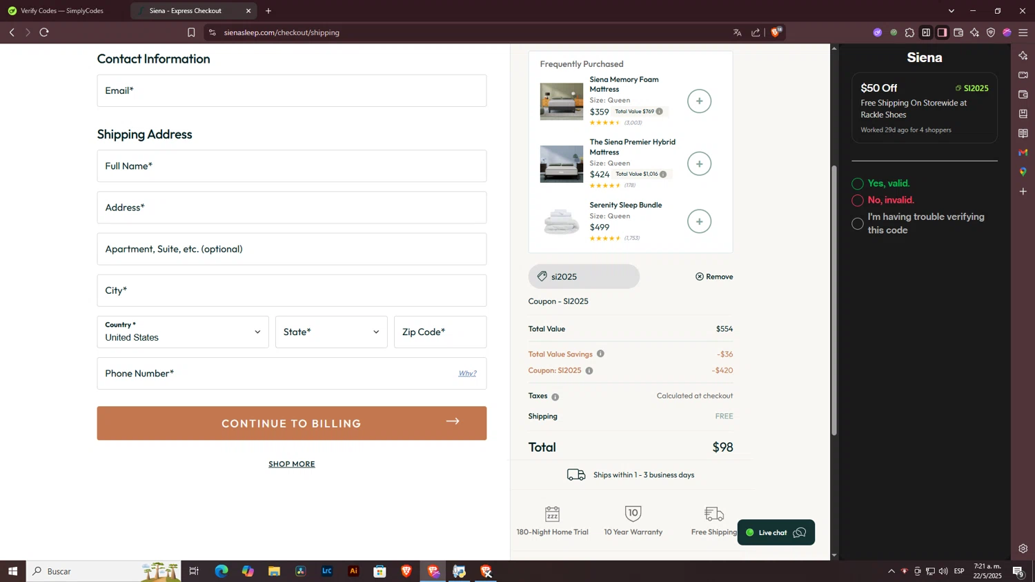 Siena coupon code screenshot showing code Si2025 applied at Siena checkout page. Uploaded by SimplyCodes community member ArtPOPO on May 22, 2025