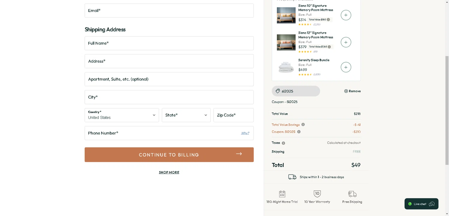 Siena coupon code screenshot showing code Si2025 applied at Siena checkout page. Uploaded by SimplyCodes community member VoucherHero1009 on Oct 14, 2025