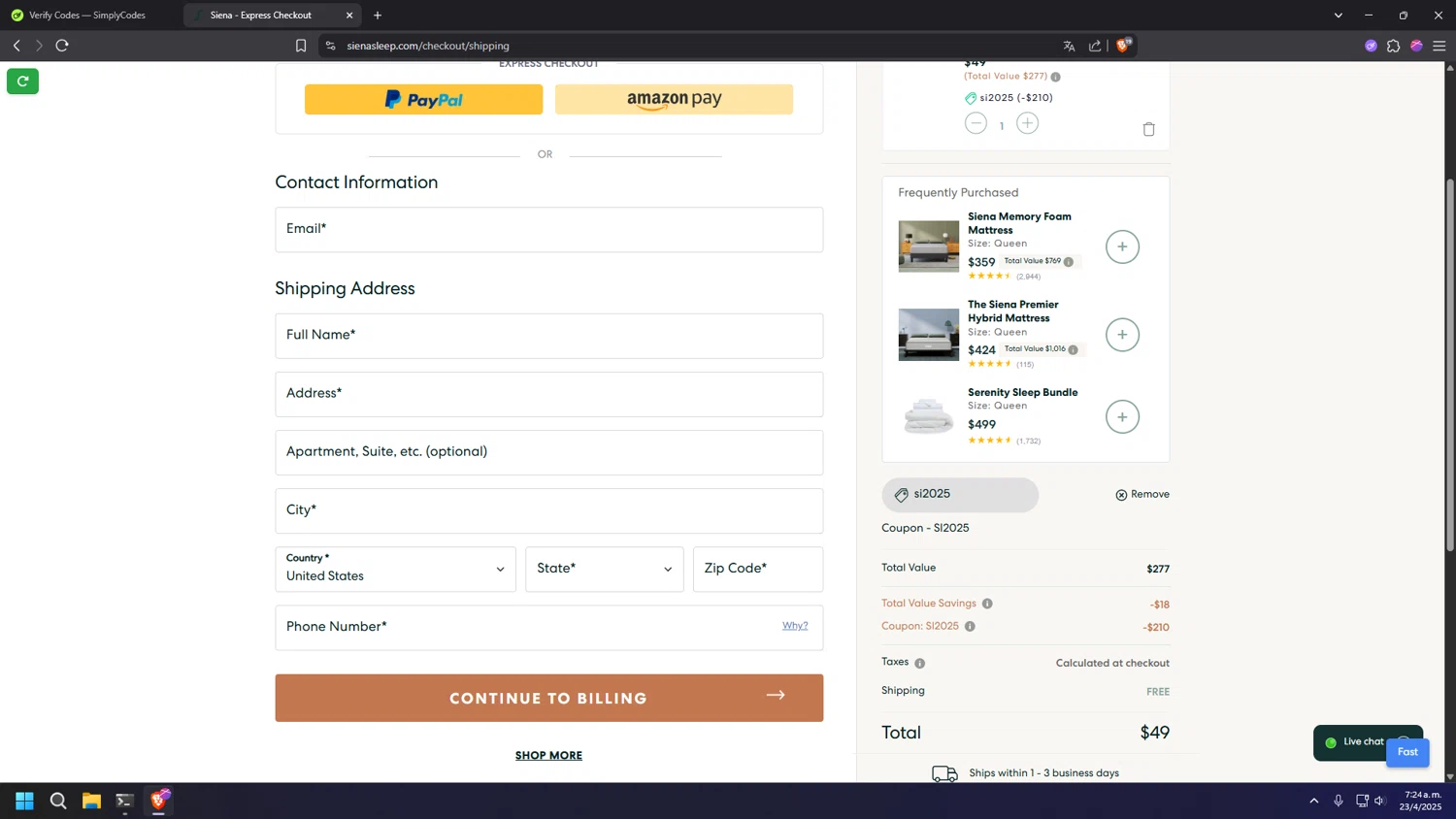 Siena coupon code screenshot showing code Si2025 applied at Siena checkout page. Uploaded by SimplyCodes community member INSECTOS on Apr 23, 2025