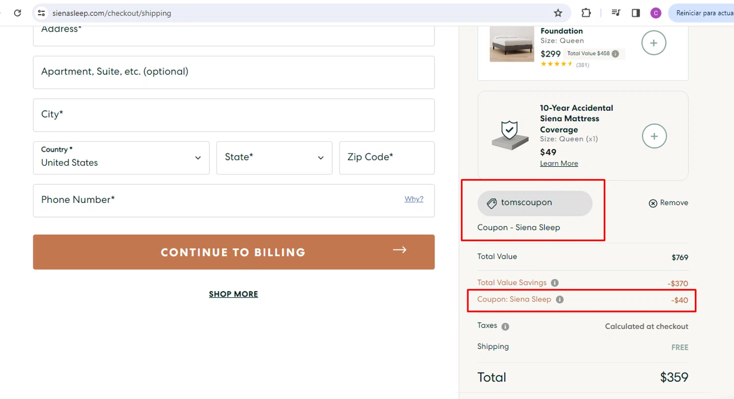 Siena coupon code screenshot showing code TOMSCOUPON applied at Siena checkout page. Uploaded by SimplyCodes community member nileskamarcano on May 16, 2025