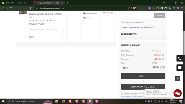 Sierra Living Concepts checkout page showing Sierra Living Concepts promo code box | Screenshot taken by SimplyCodes community member on Apr 7, 2025