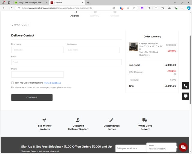 Sierra Living Concepts checkout page showing Sierra Living Concepts promo code box | Screenshot taken by SimplyCodes community member on Aug 9, 2024