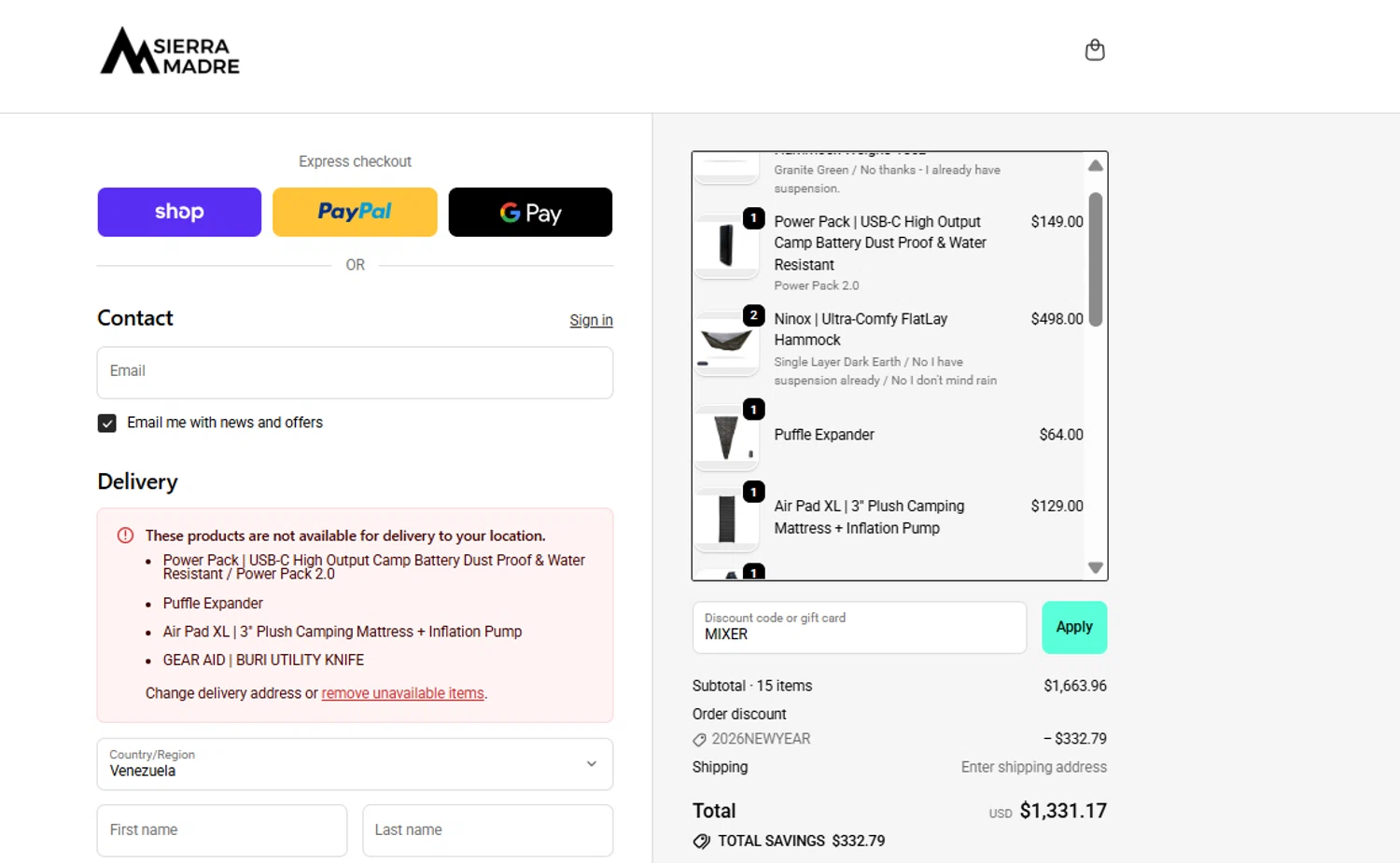 Sierra Madre Research promo code screenshot showing code MIXER applied at Sierra Madre Research checkout page. Uploaded by SimplyCodes community member SHELL12 on Feb 2, 2026