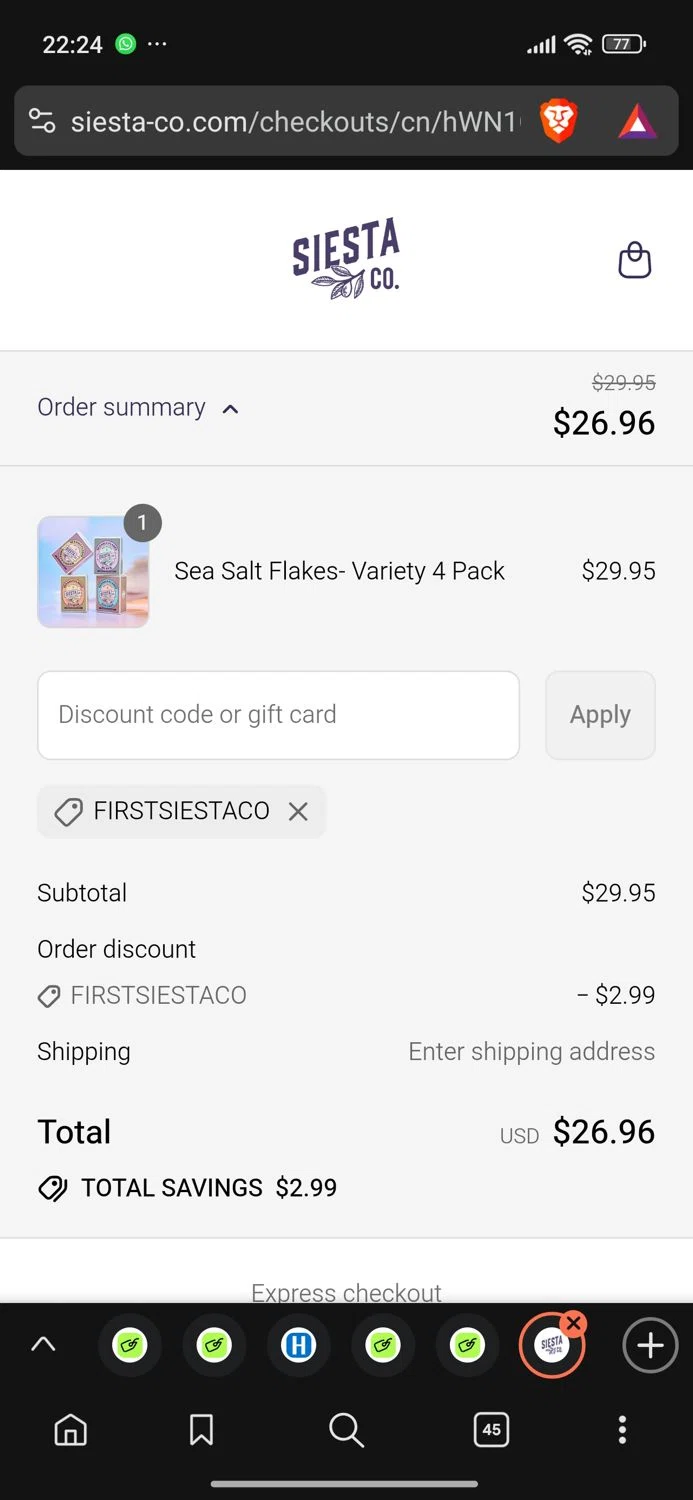 Siesta Co promo code screenshot showing code FIRSTSIESTACO applied at Siesta Co checkout page. Uploaded by SimplyCodes community member Dejadepicharme on Jul 30, 2025