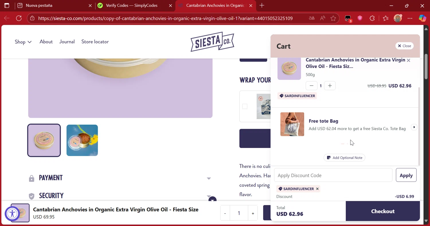 Siesta Co promo code screenshot showing code SARDINFLUENCER applied at Siesta Co checkout page. Uploaded by SimplyCodes community member DiscountScout1417 on Oct 20, 2025