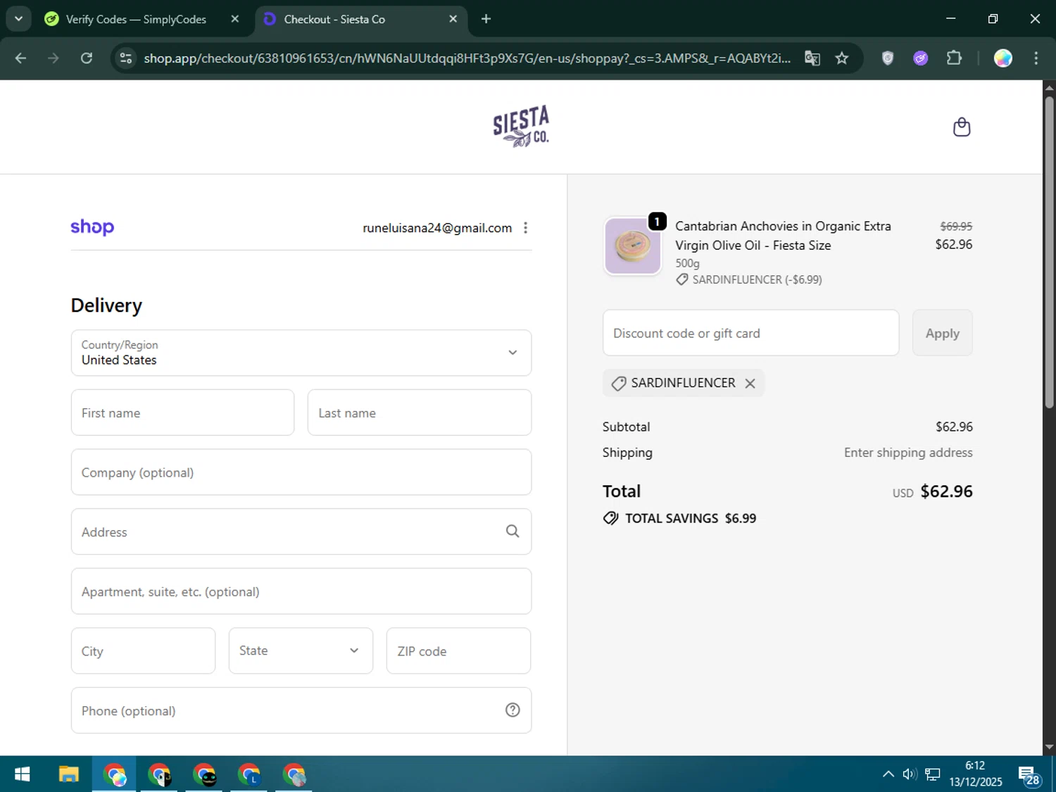Siesta Co promo code screenshot showing code SARDINFLUENCER applied at Siesta Co checkout page. Uploaded by SimplyCodes community member Estrellitacoairis on Dec 13, 2025