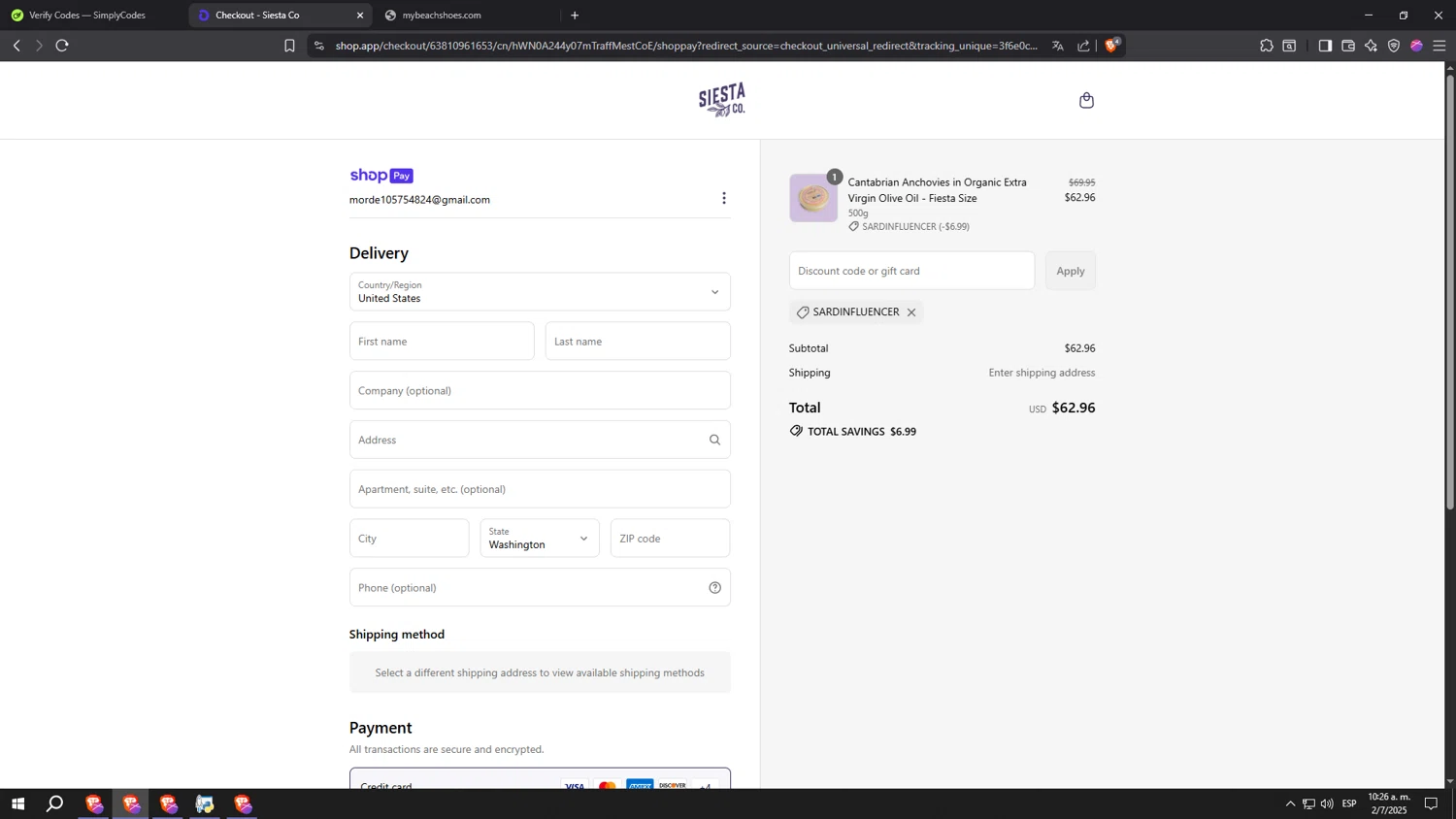 Siesta Co promo code screenshot showing code SARDINFLUENCER applied at Siesta Co checkout page. Uploaded by SimplyCodes community member ooooooooooooooooooo on Jul 2, 2025