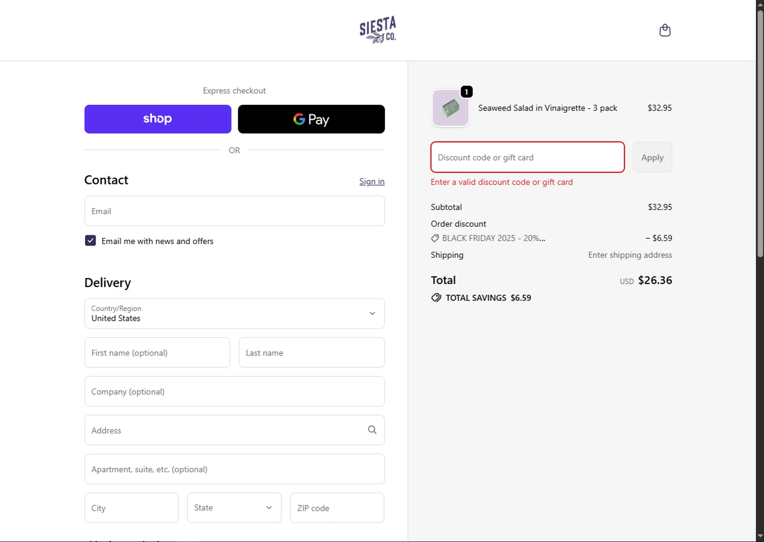 Siesta Co promo code screenshot showing code Siesta20 applied at Siesta Co checkout page. Uploaded by SimplyCodes community member BargainSaver8204 on Nov 27, 2025