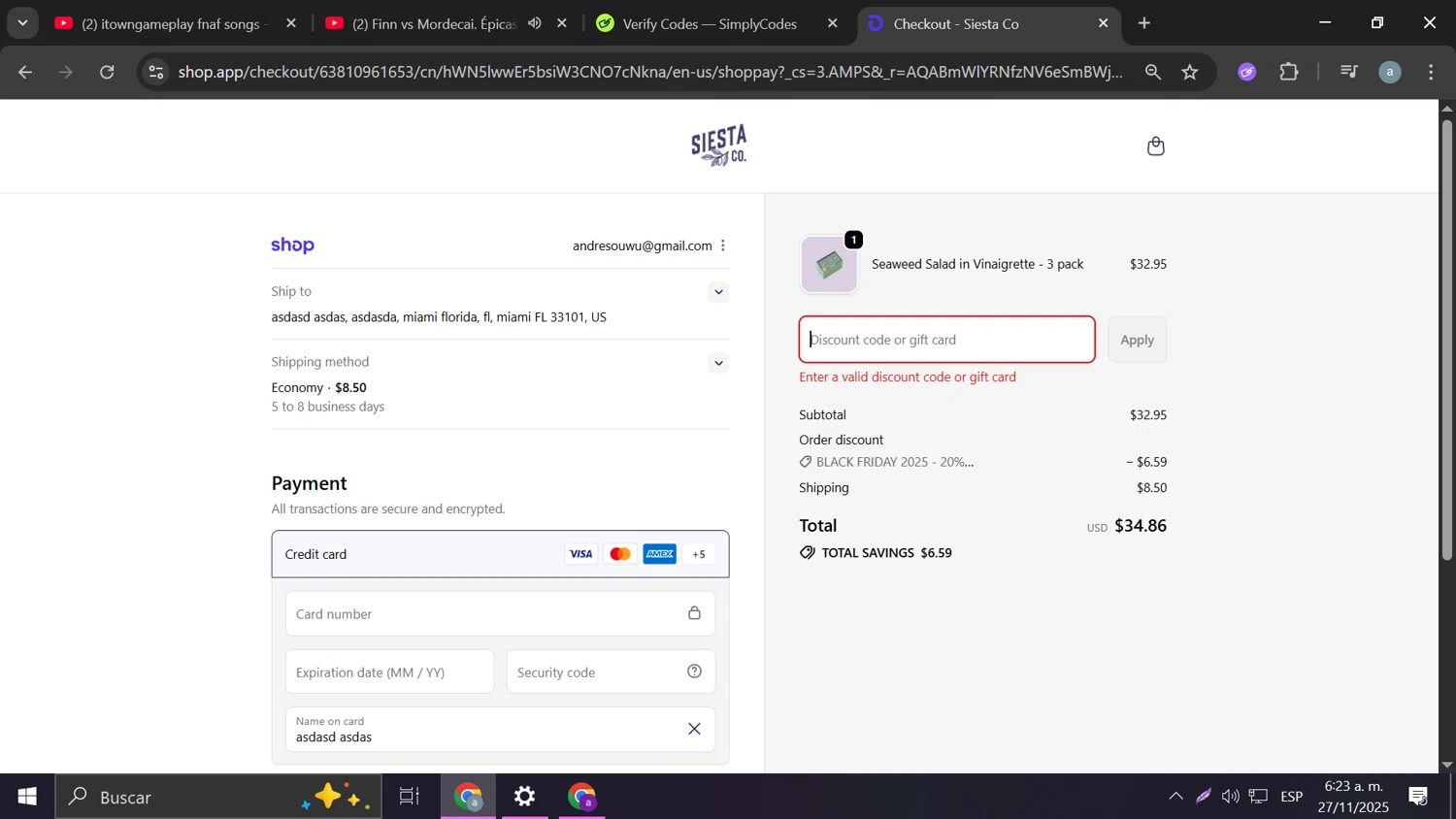 Siesta Co promo code screenshot showing code Siesta20 applied at Siesta Co checkout page. Uploaded by SimplyCodes community member Frizk_1 on Nov 27, 2025