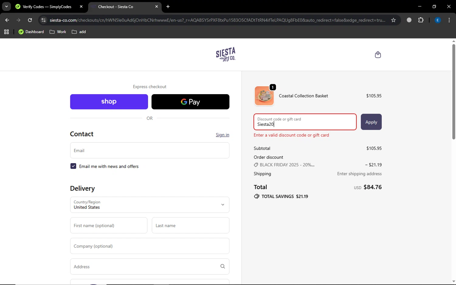 Siesta Co promo code screenshot showing code Siesta20 applied at Siesta Co checkout page. Uploaded by SimplyCodes community member GoldSaver5472 on Nov 27, 2025