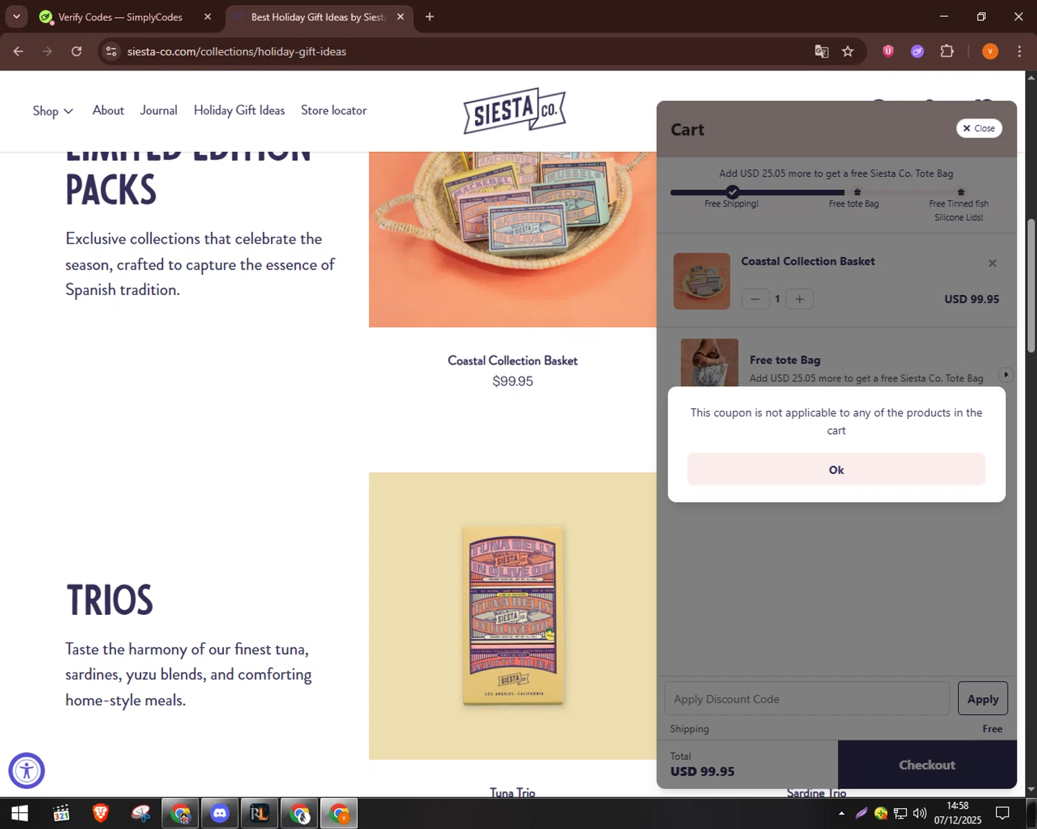 Siesta Co promo code screenshot showing code SIESTA25 applied at Siesta Co checkout page. Uploaded by SimplyCodes community member bulbasaur69 on Dec 7, 2025
