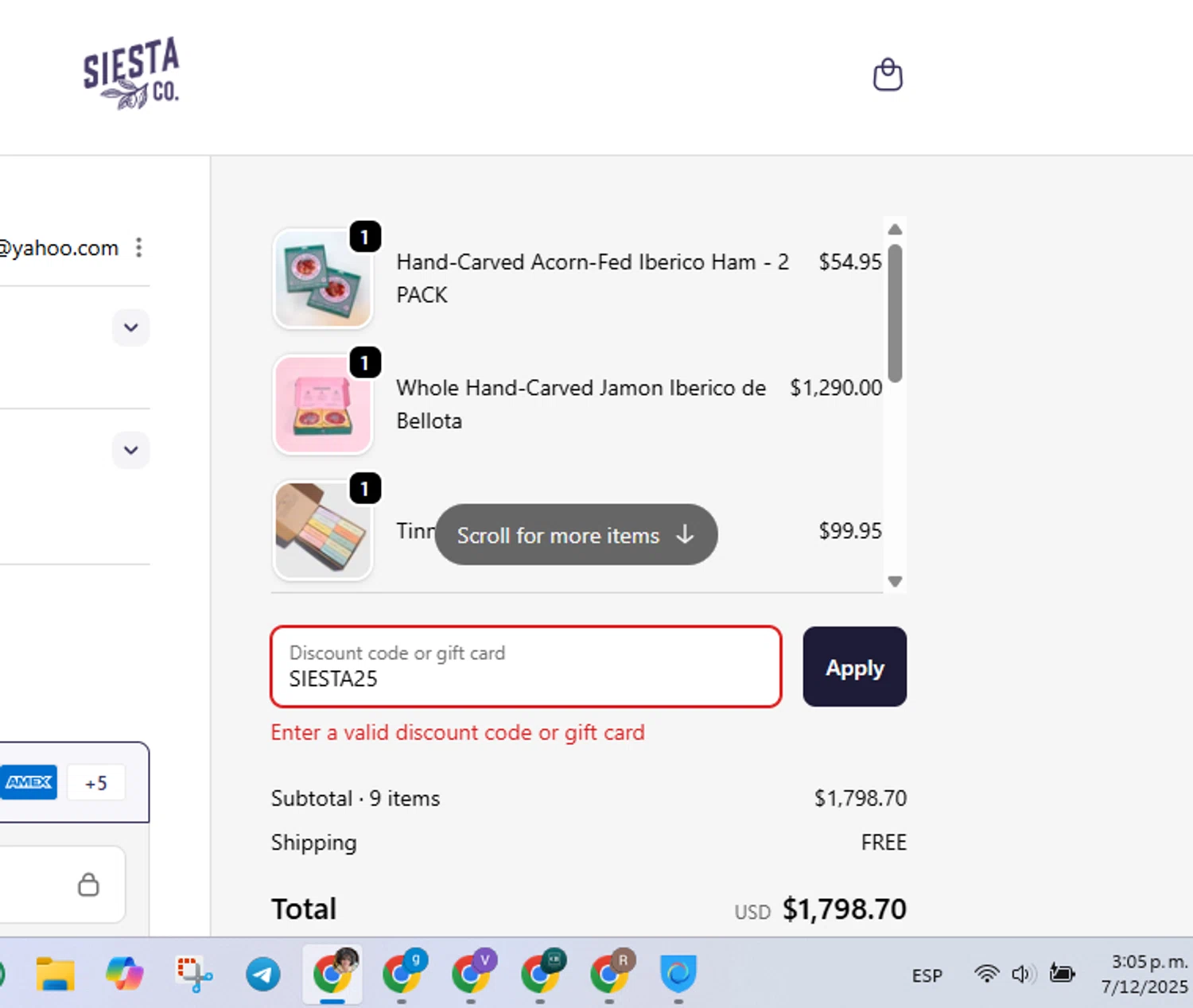 Siesta Co promo code screenshot showing code SIESTA25 applied at Siesta Co checkout page. Uploaded by SimplyCodes community member luisaballera on Dec 7, 2025