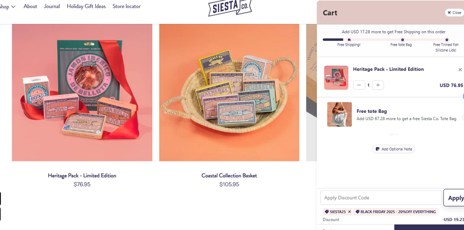 Siesta Co promo code screenshot showing code SIESTA25 applied at Siesta Co checkout page. Uploaded by SimplyCodes community member Olorinnnnn on Dec 1, 2025