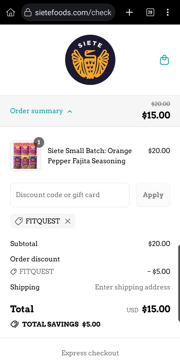 Siete Family Foods promo code screenshot showing code fitquest applied at Siete Family Foods checkout page. Uploaded by SimplyCodes community member Carloslvz on Jul 17, 2025