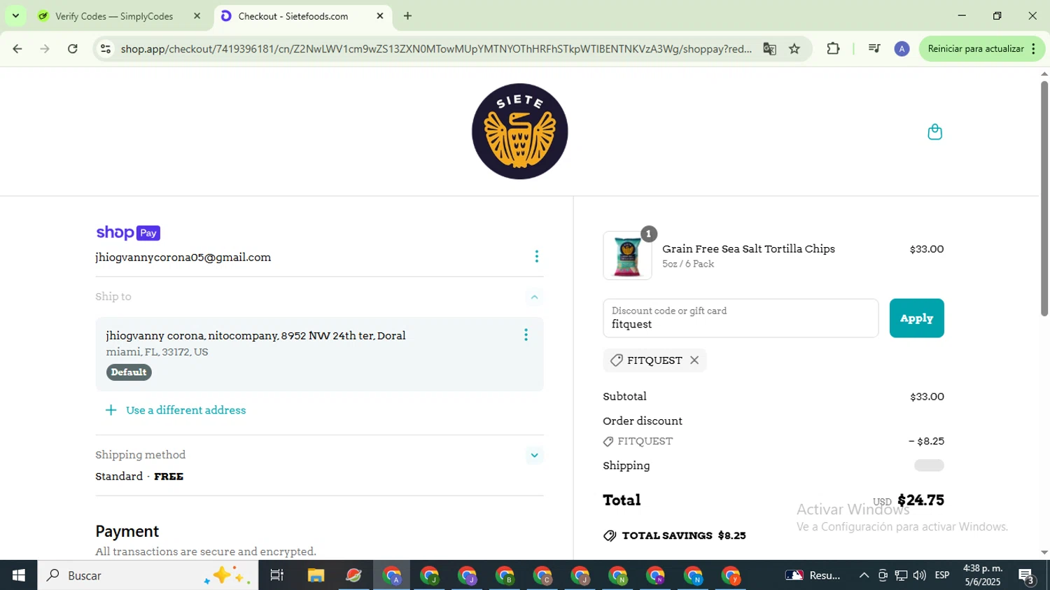 Siete Family Foods promo code screenshot showing code fitquest applied at Siete Family Foods checkout page. Uploaded by SimplyCodes community member TreasureCaptain5531 on Jun 5, 2025