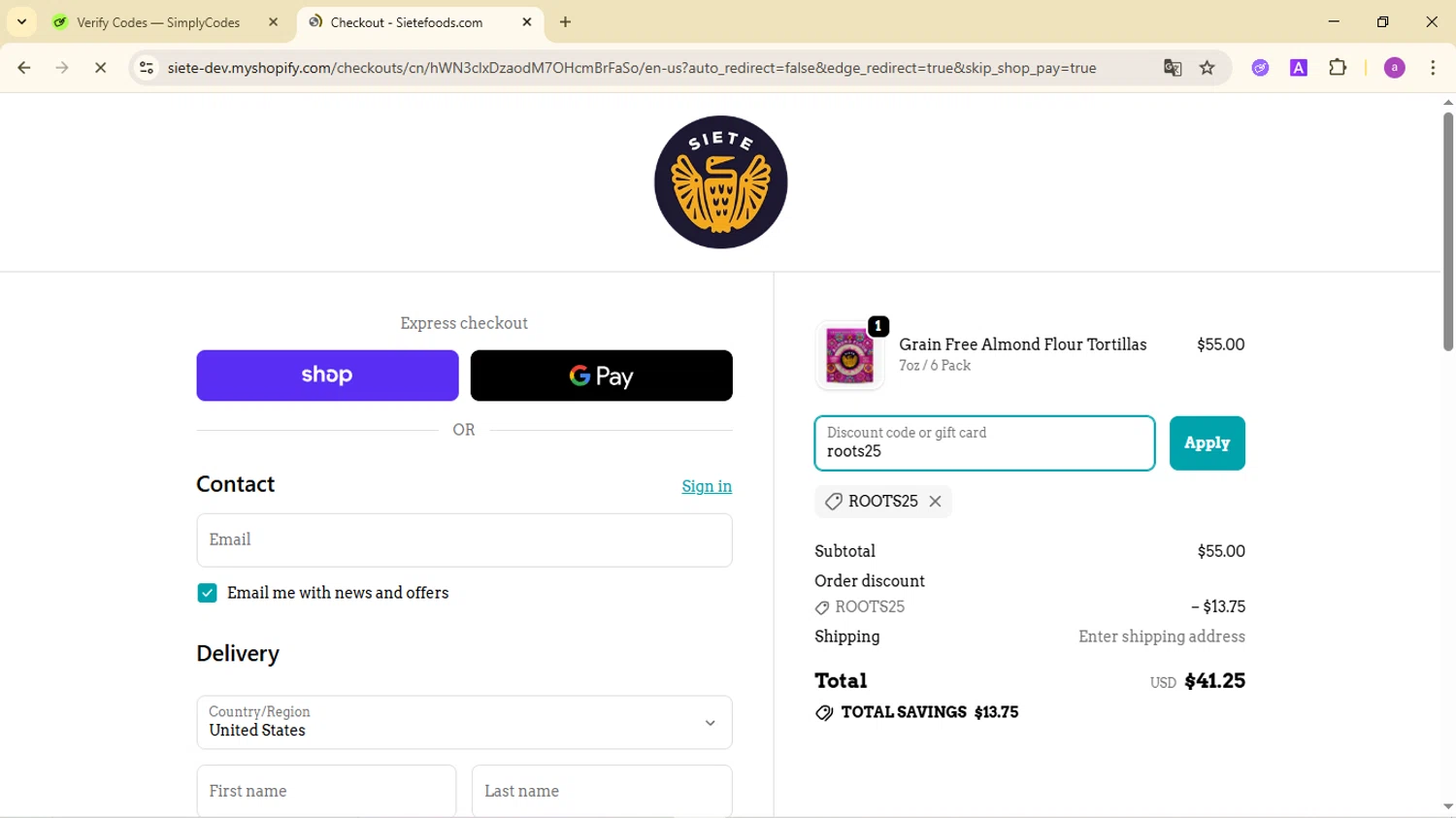 Siete Family Foods promo code screenshot showing code roots25 applied at Siete Family Foods checkout page. Uploaded by SimplyCodes community member CodeMaverick246 on Oct 1, 2025