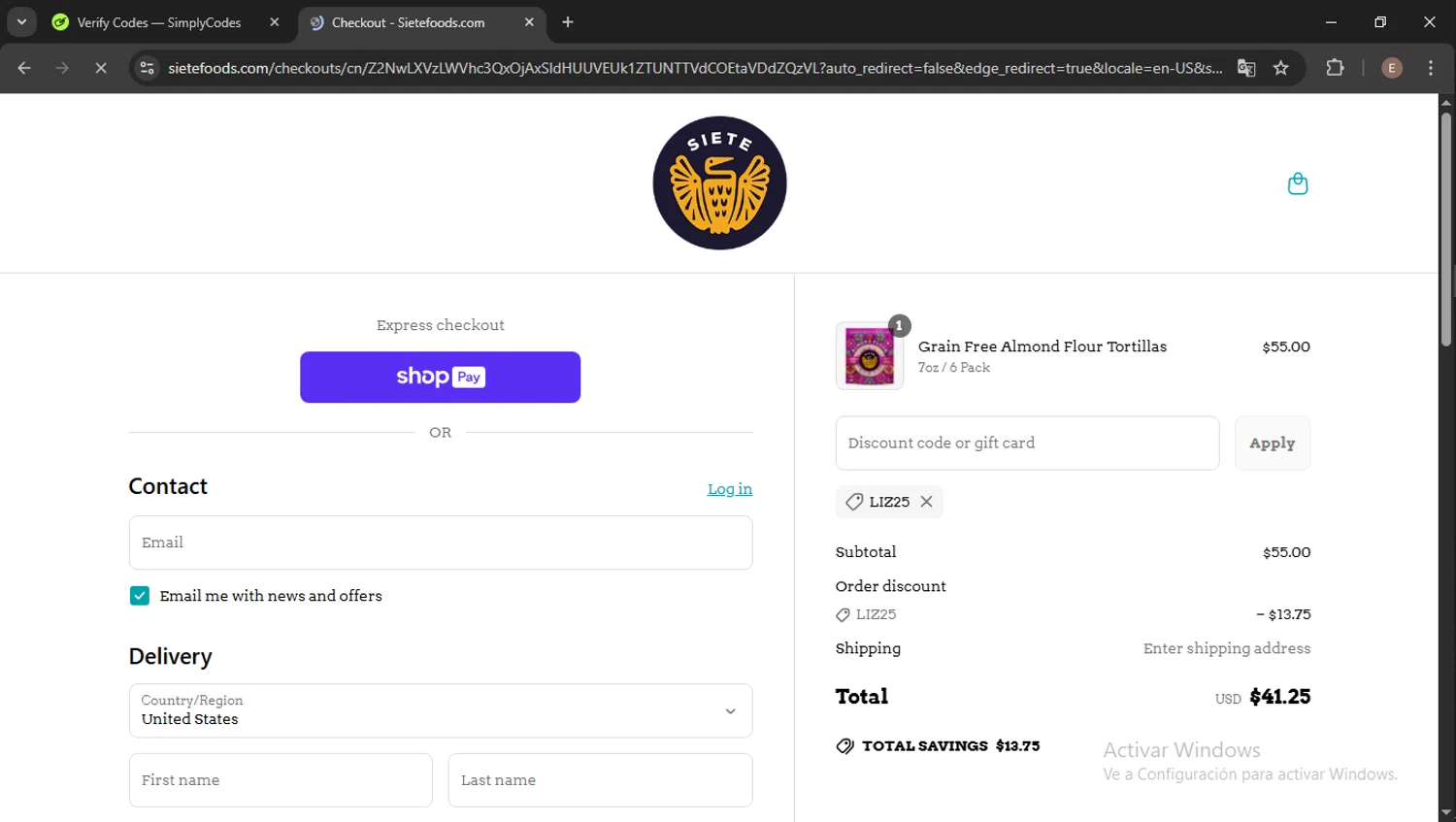 Siete Family Foods promo code screenshot showing code liz25 applied at Siete Family Foods checkout page. Uploaded by SimplyCodes community member Esteban14 on May 30, 2025