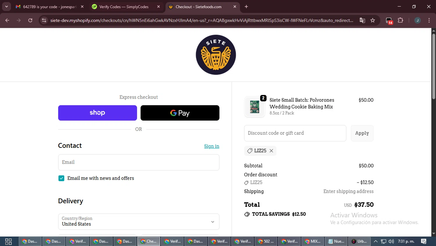 Siete Family Foods promo code screenshot showing code liz25 applied at Siete Family Foods checkout page. Uploaded by SimplyCodes community member ScanLynx8928 on Nov 27, 2025