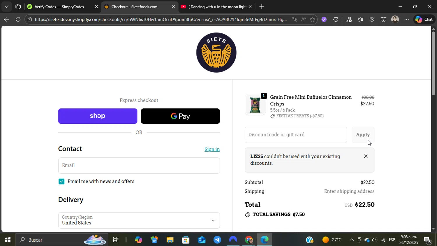 Siete Family Foods promo code screenshot showing code liz25 applied at Siete Family Foods checkout page. Uploaded by SimplyCodes community member WonderKnight7884 on Dec 26, 2025