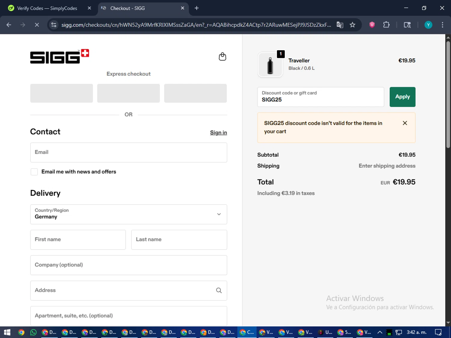 SIGG promo code screenshot showing code SIGG25 applied at SIGG checkout page. Uploaded by SimplyCodes community member RoyalEagle4794 on Nov 8, 2025