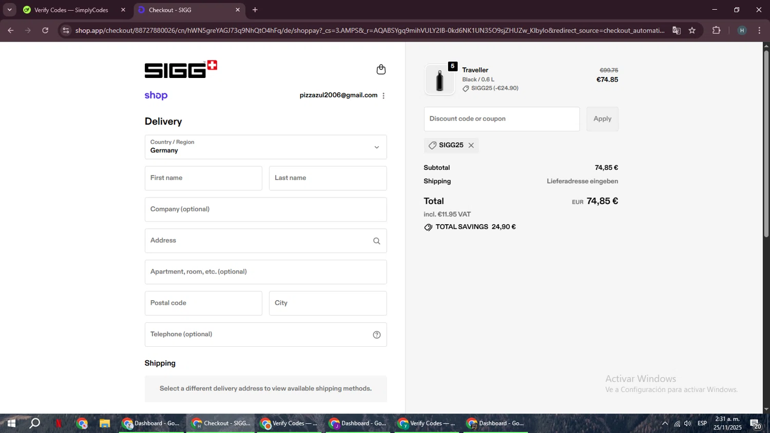 SIGG promo code screenshot showing code SIGG25 applied at SIGG checkout page. Uploaded by SimplyCodes community member YAMAHA on Nov 25, 2025