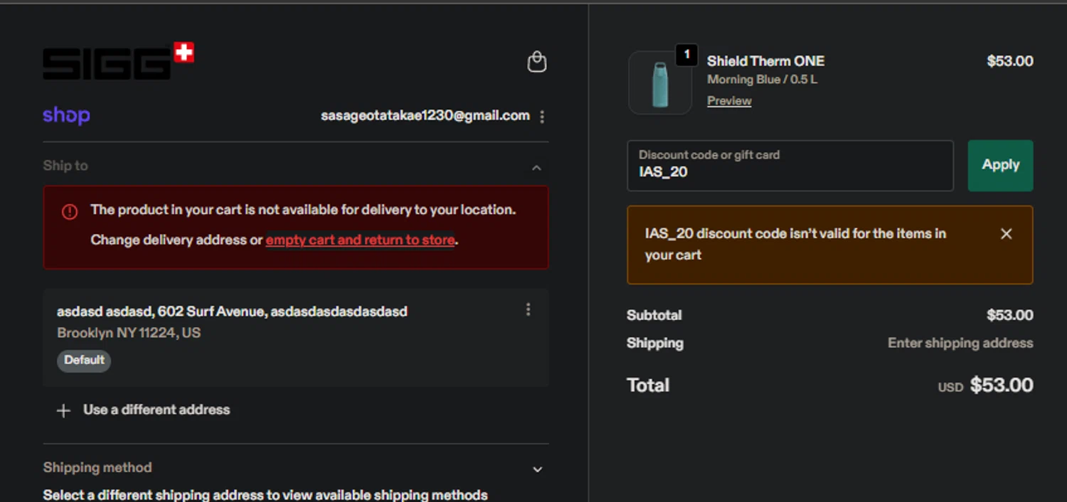 SIGG promo code screenshot showing code IAS_20 applied at SIGG checkout page. Uploaded by SimplyCodes community member jaimitoalcachofa on Nov 25, 2025